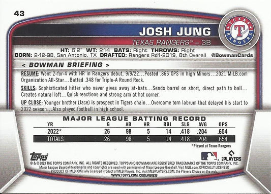 2023 Bowman Josh Jung RC #43 Texas Rangers