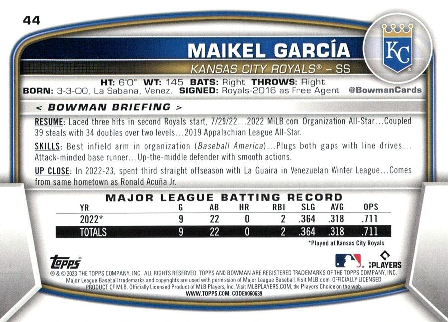 2023 Bowman Maikel Garcia RC #44 Kansas City Royals