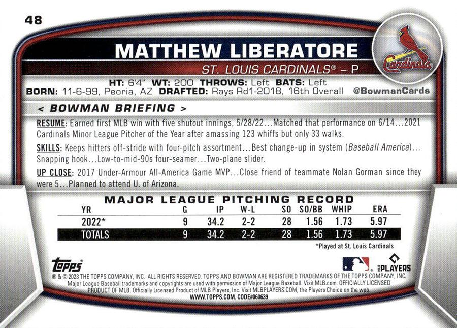 2023 Bowman Matthew Liberatore RC #48 St. Louis Cardinals