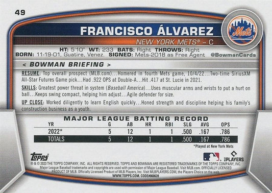 2023 Bowman Francisco Alvarez RC #49 New York Mets