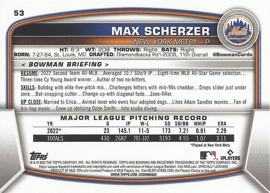 2023 Bowman Max Scherzer #53 New York Mets