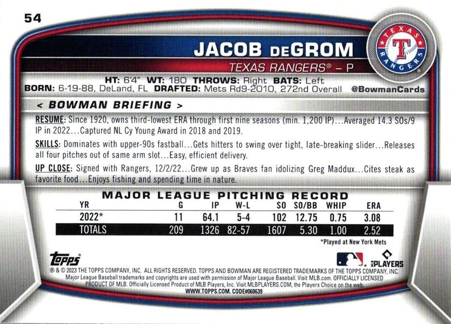 2023 Bowman Jacob deGrom #54 Texas Rangers