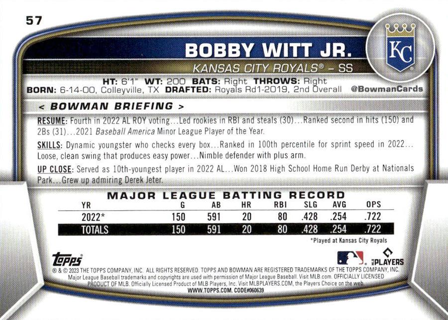 2023 Bowman Bobby Witt Jr. #57 Kansas City Royals