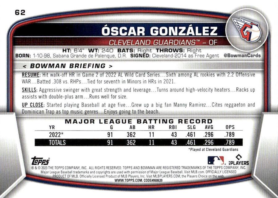2023 Bowman Oscar Gonzalez RC #62 Cleveland Guardians