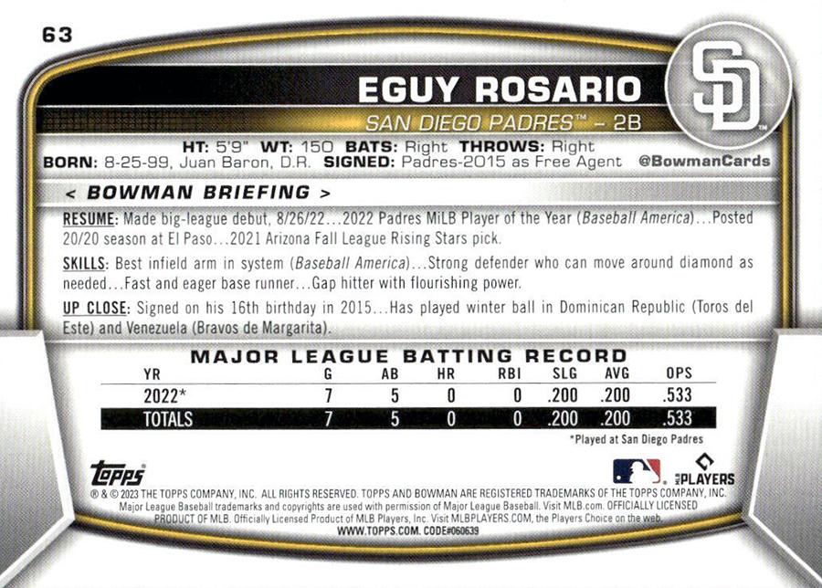 2023 Bowman Eguy Rosario RC #63 San Diego Padres