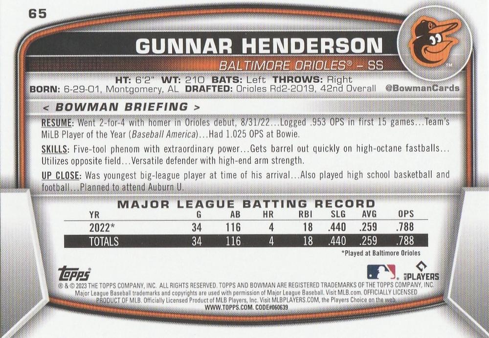 2023 Bowman Gunnar Henderson RC #65 Baltimore Orioles