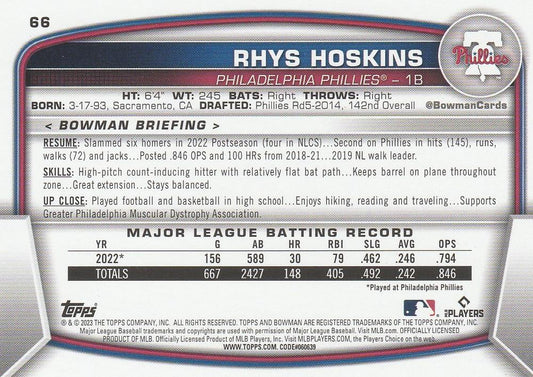 2023 Bowman Rhys Hoskins #66 Philadelphia Phillies