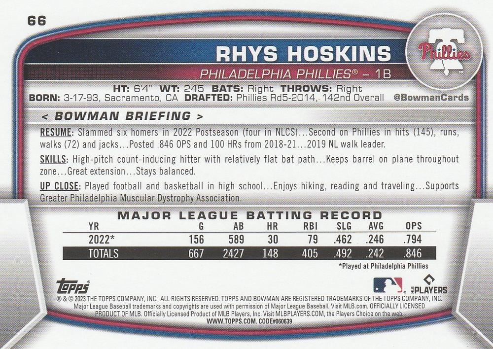 2023 Bowman Rhys Hoskins #66 Philadelphia Phillies