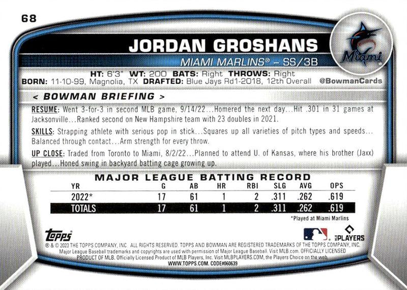 2023 Bowman Jordan Groshans RC #68 Miami Marlins