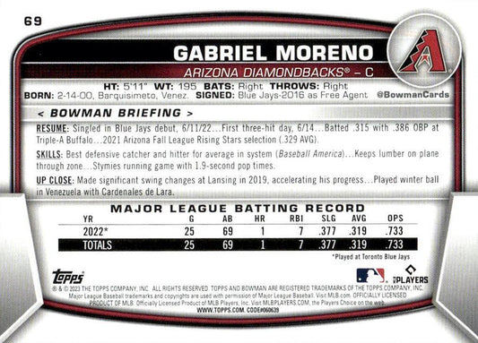 2023 Bowman Gabriel Moreno RC #69 Arizona Diamondbacks