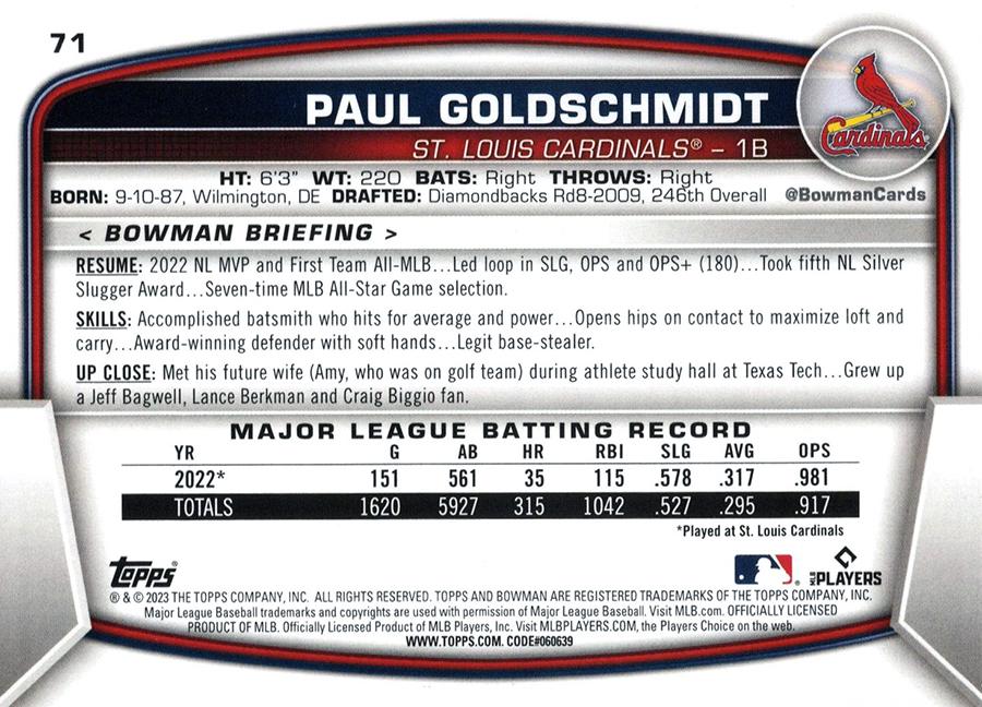 2023 Bowman Paul Goldschmidt #71 St. Louis Cardinals