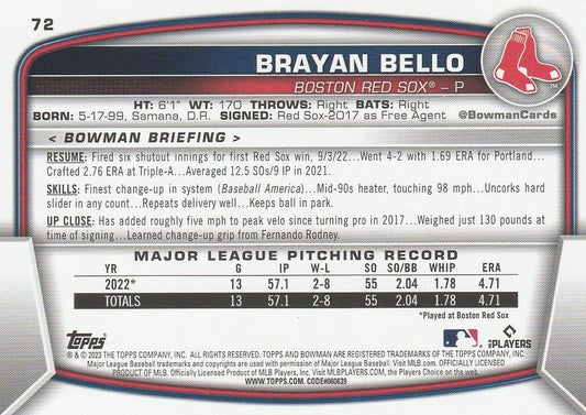 2023 Bowman Brayan Bello RC #72 Boston Red Sox