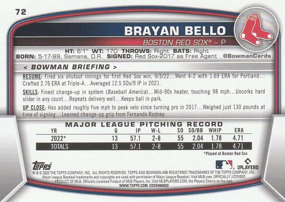 2023 Bowman Brayan Bello RC #72 Boston Red Sox