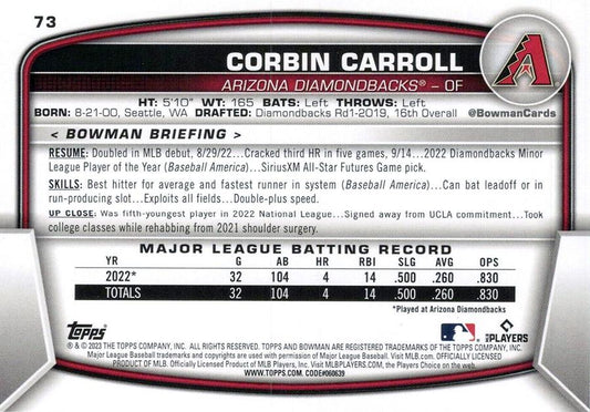 2023 Bowman Corbin Carroll RC #73 Arizona Diamondbacks