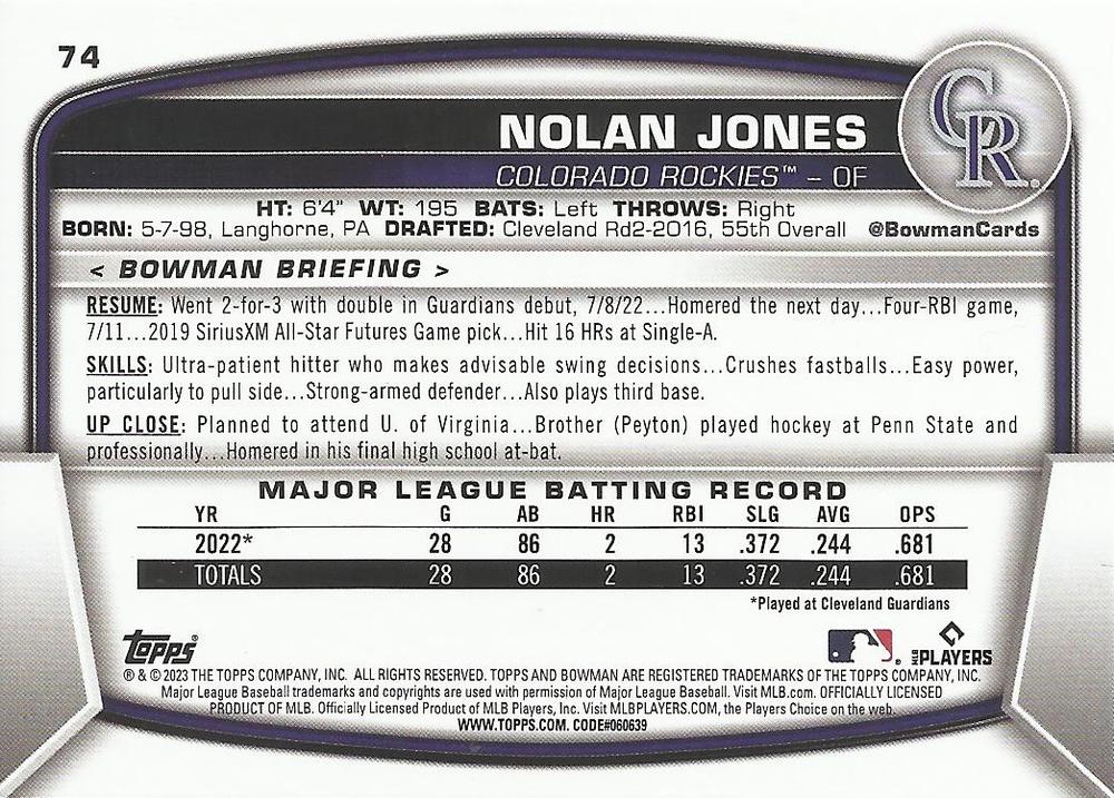 2023 Bowman Nolan Jones RC #74 Colorado Rockies