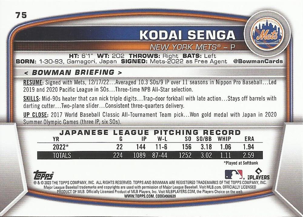 2023 Bowman Kodai Senga RC #75 New York Mets