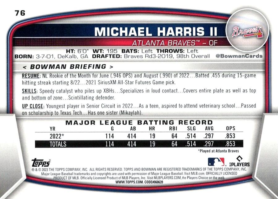 2023 Bowman Michael Harris II RC #76 Atlanta Braves