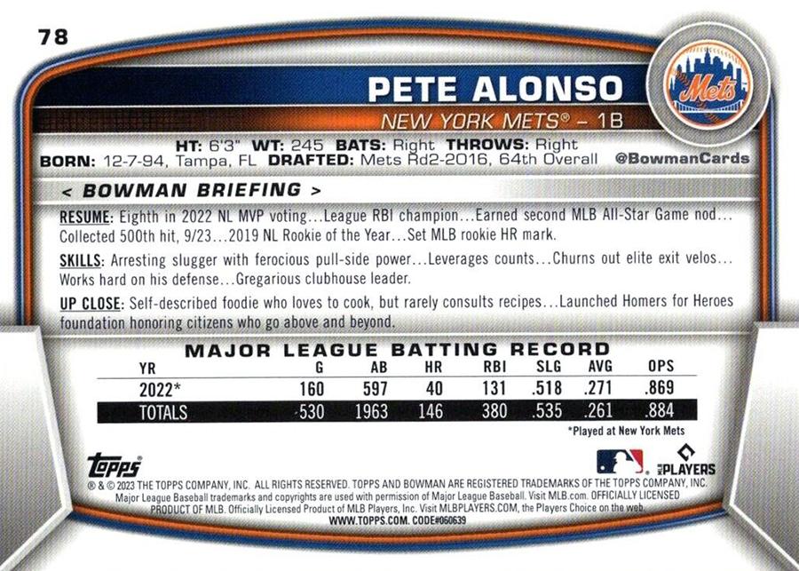 2023 Bowman Pete Alonso #78 New York Mets