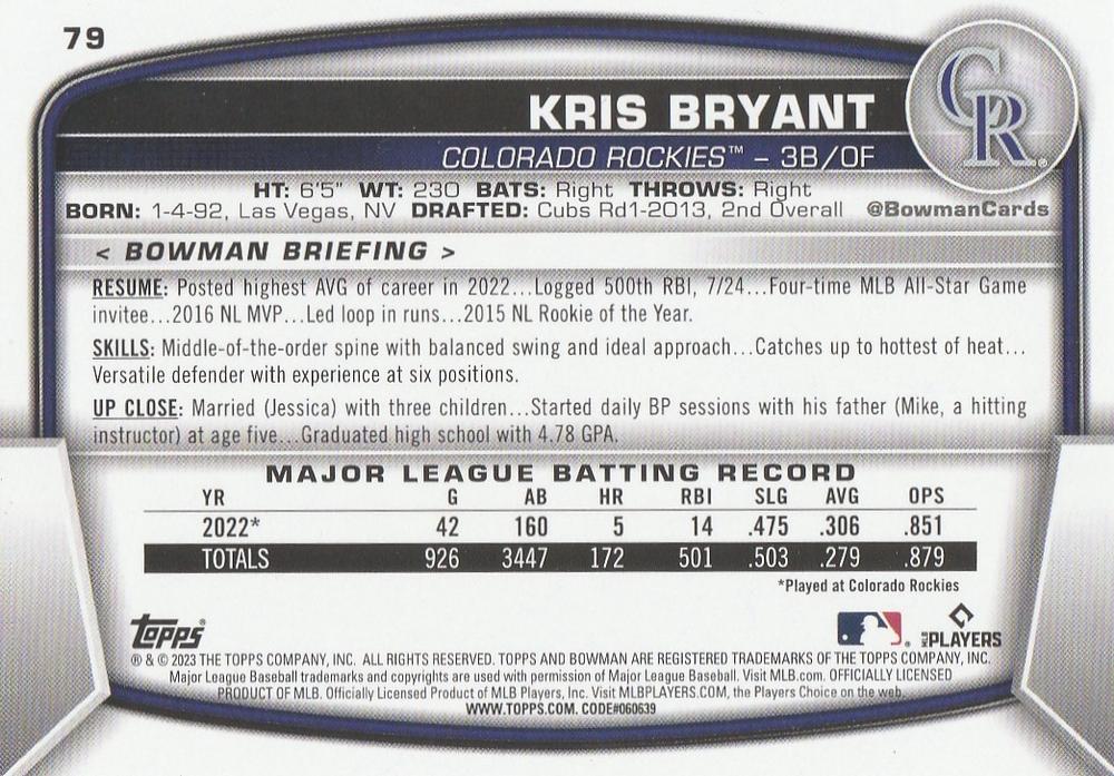 2023 Bowman Kris Bryant #79 Colorado Rockies