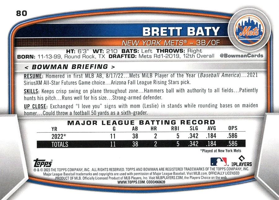 2023 Bowman Brett Baty RC #80 New York Mets