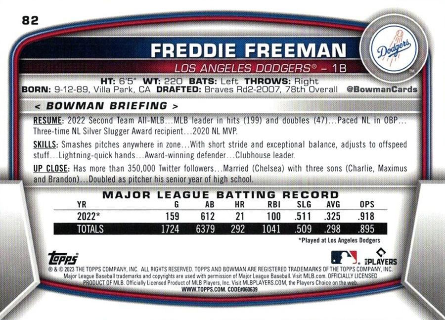 2023 Bowman Freddie Freeman #82 Los Angeles Dodgers