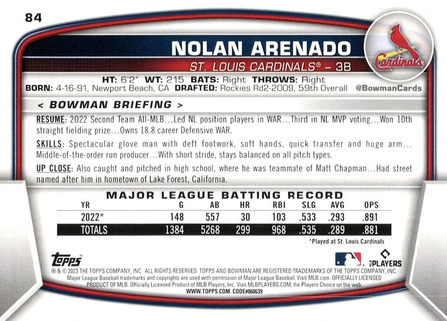 2023 Bowman Nolan Arenado #84 St. Louis Cardinals