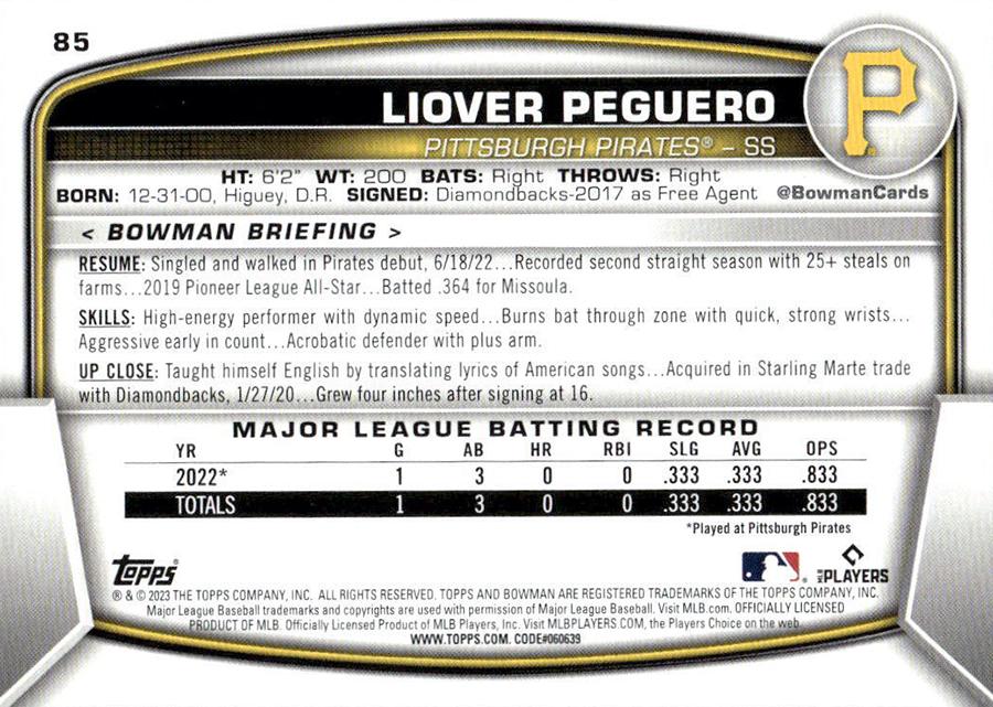 2023 Bowman Liover Peguero RC #85 Pittsburgh Pirates