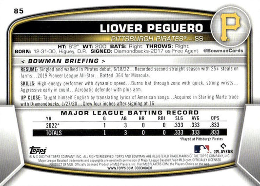 2023 Bowman Liover Peguero RC #85 Pittsburgh Pirates