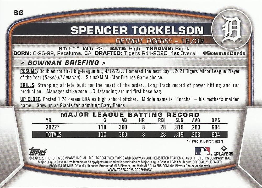 2023 Bowman Spencer Torkelson #86 Detroit Tigers