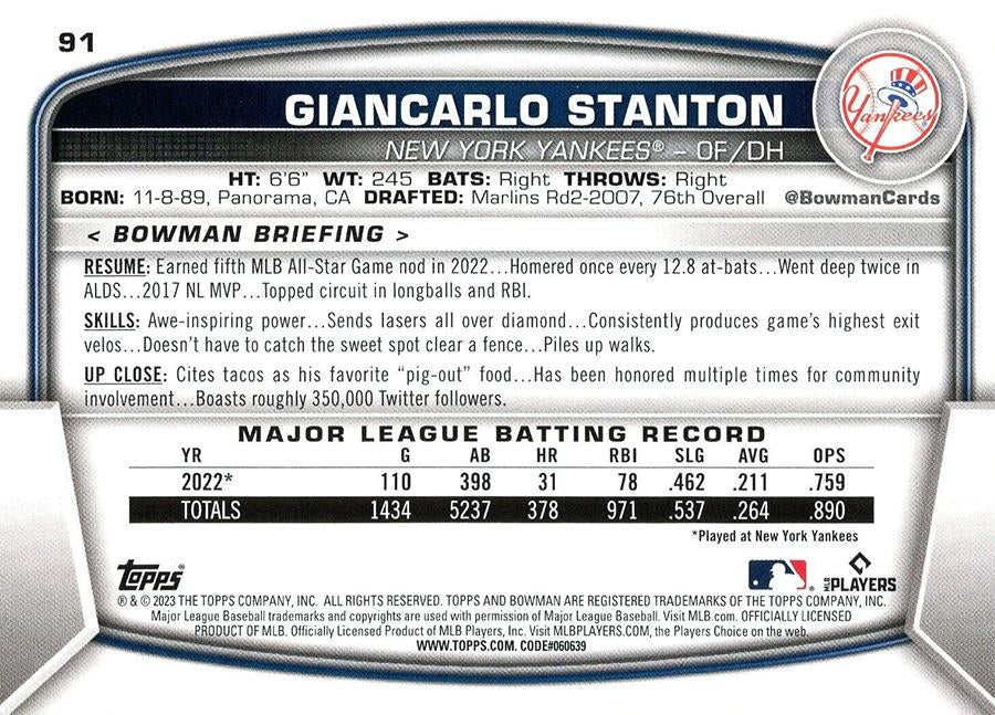 2023 Bowman Giancarlo Stanton #91 New York Yankees
