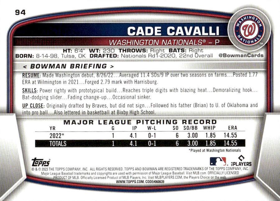 2023 Bowman Cade Cavalli RC #94 Washington Nationals