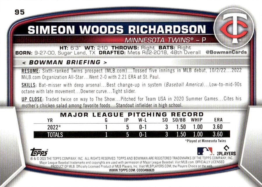 2023 Bowman Simeon Woods Richardson RC #95 Minnesota Twins