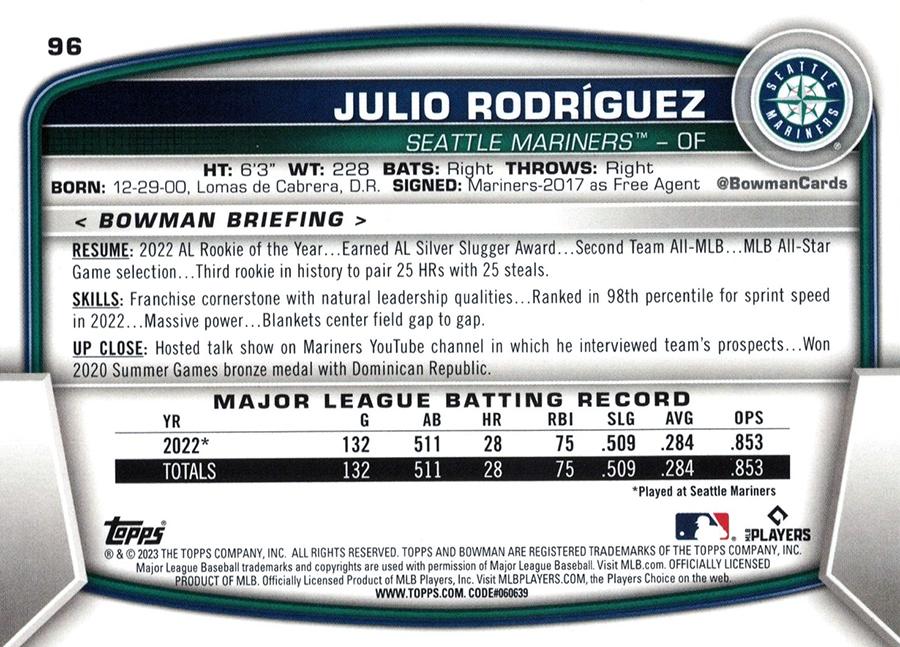 2023 Bowman Julio Rodriguez #96 Seattle Mariners