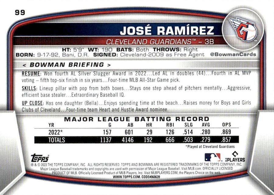 2023 Bowman Jose Ramirez #99 Cleveland Guardians