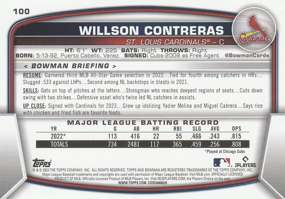 2023 Bowman Willson Contreras #100 St. Louis Cardinals