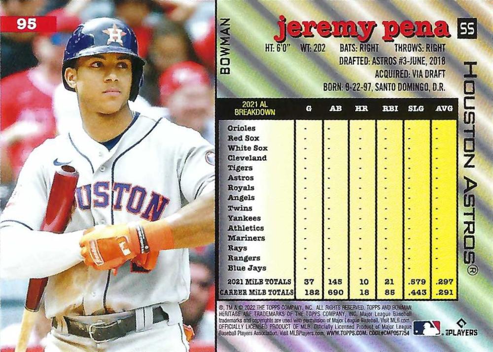 2022 Bowman Heritage Jeremy Pena RC #95 Houston Astros