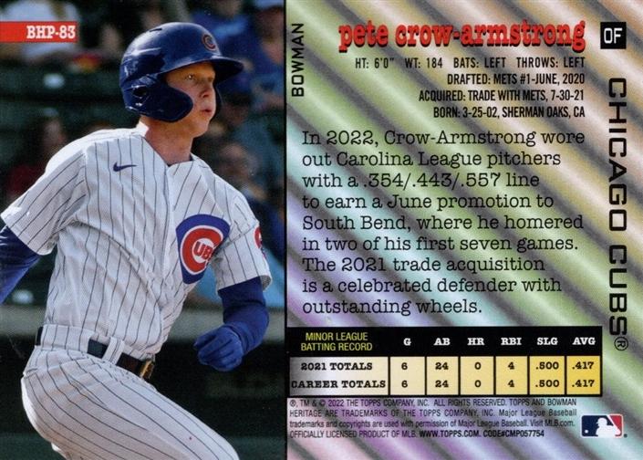 2022 Topps Heritage Prospects Pete Crow-Armstrong BHP-83 Chicago Cubs