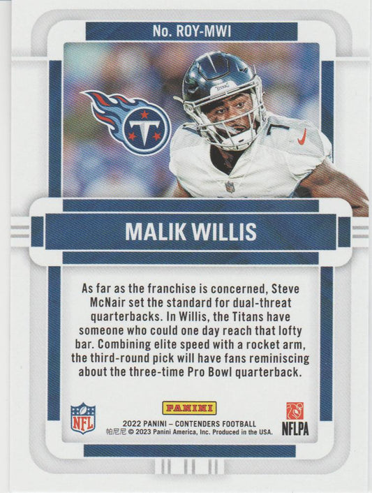 2022 Panini Contenders Rookie of the Year Contenders Malik Willis # ROY-MWI Tennessee Titans