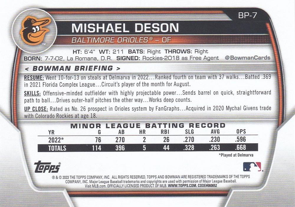 2023 Bowman Prospects 1st Bowman Mishael Deson FBC BP-7 Baltimore Orioles
