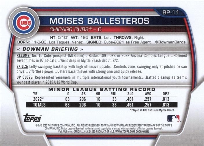 2023 Bowman Prospects 1st Bowman Moises Ballesteros FBC BP-11 Chicago Cubs
