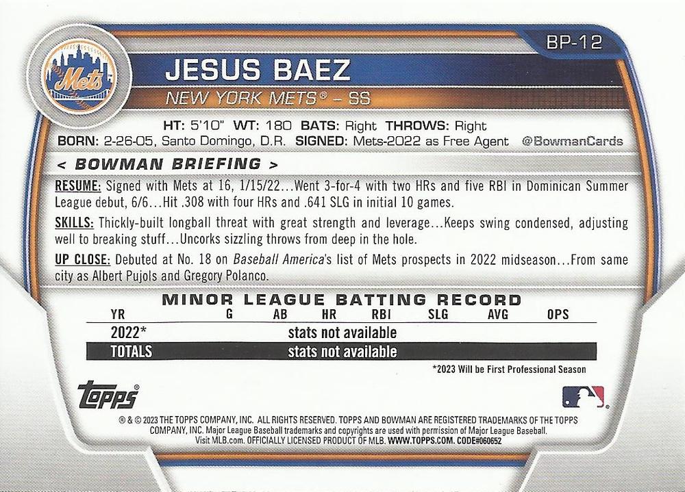 2023 Bowman Prospects 1st Bowman Jesus Baez FBC BP-12 New York Mets