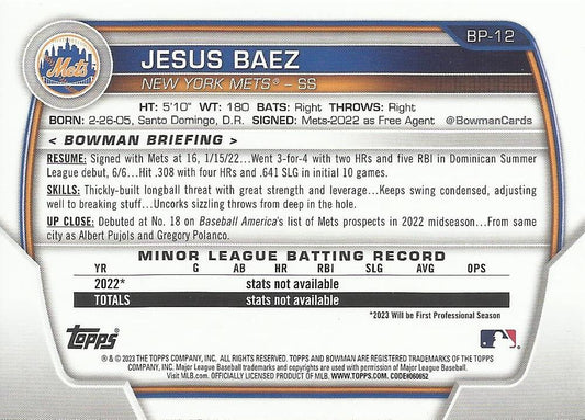 2023 Bowman Prospects 1st Bowman Jesus Baez FBC BP-12 New York Mets