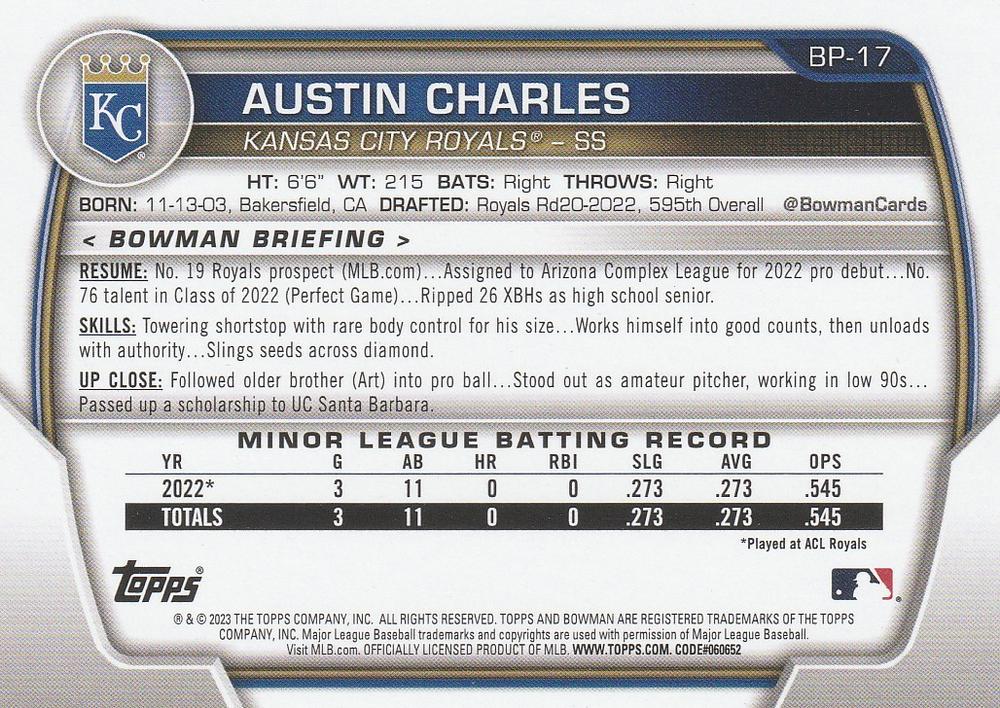 2023 Bowman Prospects 1st Bowman Austin Charles FBC BP-17 Kansas City Royals