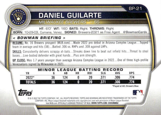 2023 Bowman Prospects 1st Bowman Daniel Guilarte FBC BP-21 Milwaukee Brewers