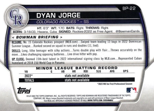2023 Bowman Prospects 1st Bowman Dyan Jorge FBC BP-22 Colorado Rockies
