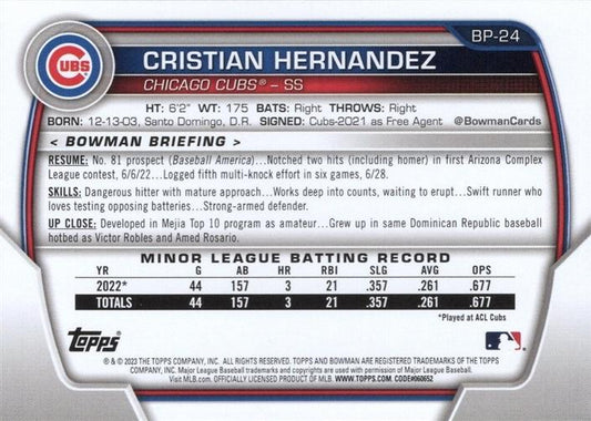 2023 Bowman Prospects Cristian Hernandez BP-24 Chicago Cubs