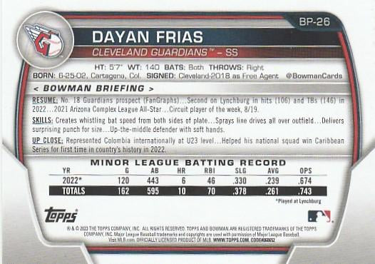 2023 Bowman Prospects 1st Bowman Dayan Frias FBC BP-26 Cleveland Guardians