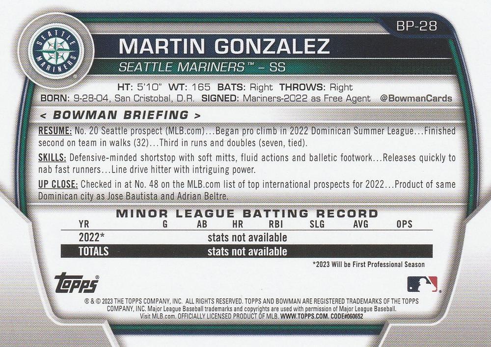2023 Bowman Prospects 1st Bowman Martin Gonzalez FBC BP-28 Seattle Mariners