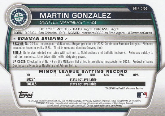 2023 Bowman Prospects 1st Bowman Martin Gonzalez FBC BP-28 Seattle Mariners