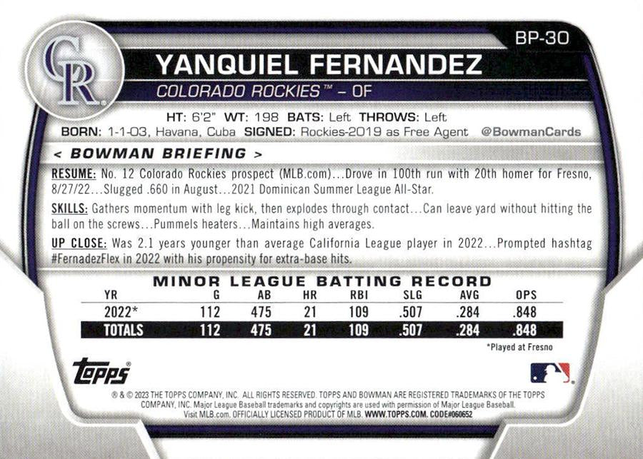 2023 Bowman Prospects Yanquiel Fernandez BP-30 Colorado Rockies